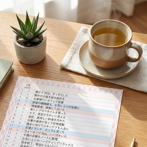 木のテーブルに置いた和柄の縦型ガントチャート。7月のモーニングノート（朝の習慣・日記）として1日1行で書き込んだ活用例。お茶と観葉植物を添えて